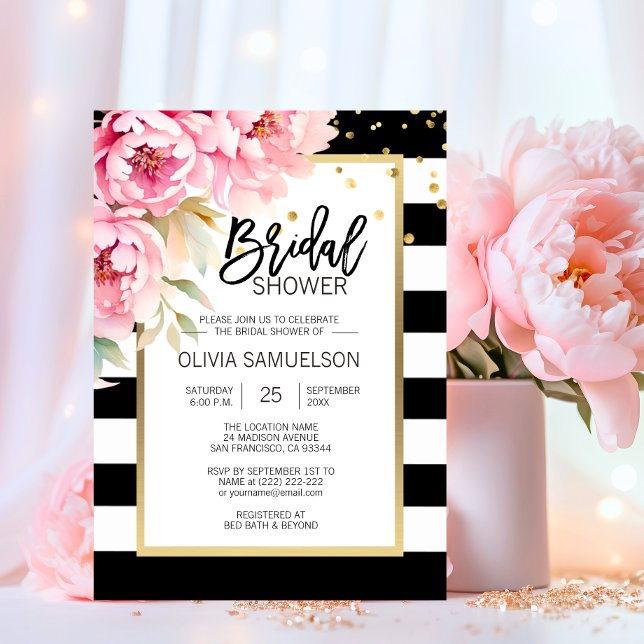 Convites Chá de panela Floral Rosa-Cor-de-Água-Preta (Black White Watercolor Pink Floral Bridal Shower Invitation)