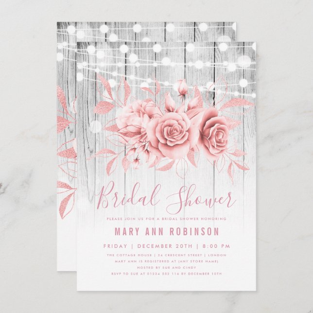 Convites Chá de panela Floral Rosa Dourado (Frente/Verso)