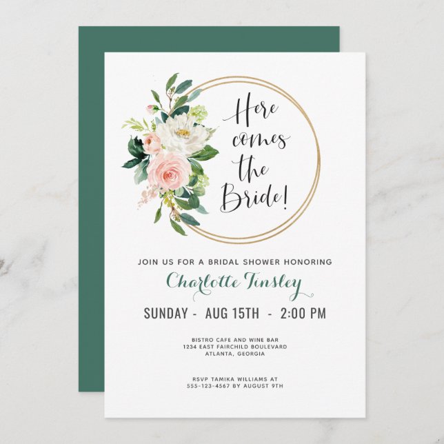 Convites Chá de panela Floral Rosa e Teal (Frente/Verso)