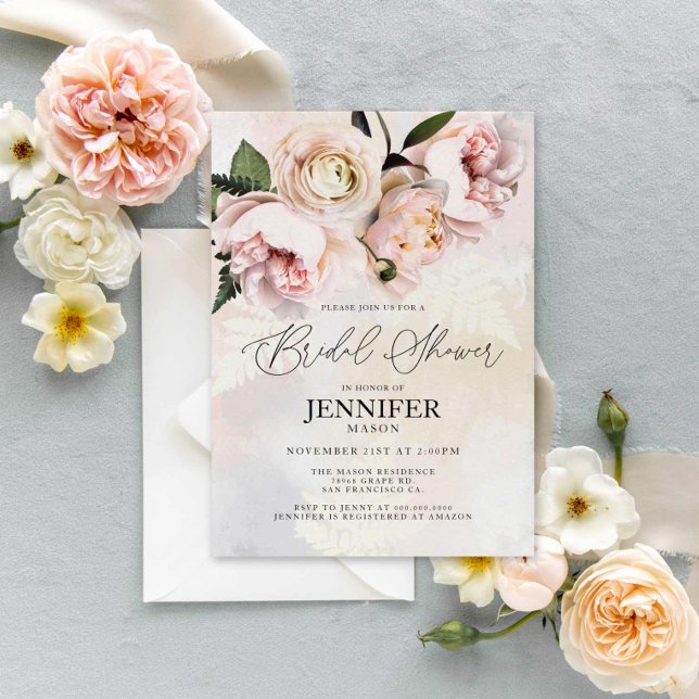 Convites Chá de panela Floral Rosa-Esbranquiçado Elegante (Blush Floral Bridal Shower Invitation)