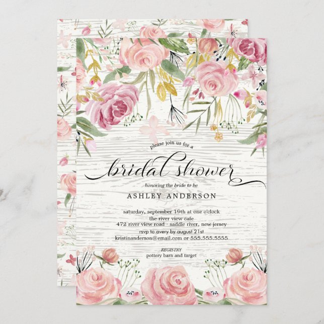 Convites Chá de panela Floral Rosa-Esbranquiçado Russo (Frente/Verso)