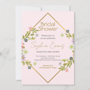 Convites Chá de panela Floral Rosa Geométrico Dourado