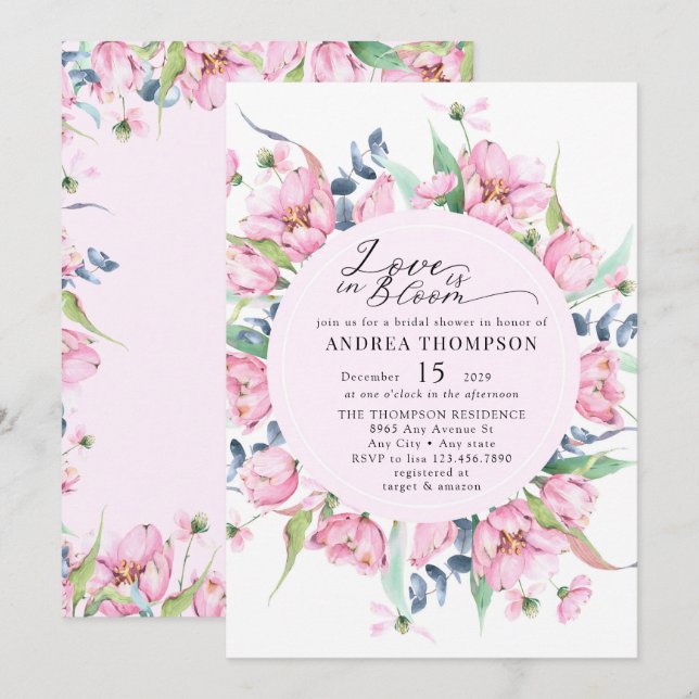 Convites Chá de panela Floral Rosa Primavera de Aquarela (Frente/Verso)