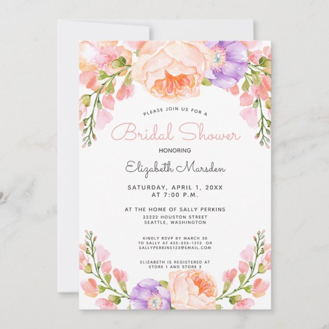 Convites Chá de panela Floral Rosa Púrpura, cor-de-pêssego (Frente)