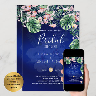 Convites Chá de panela Floral Rosa-Rosa Azul Tropical LeahG