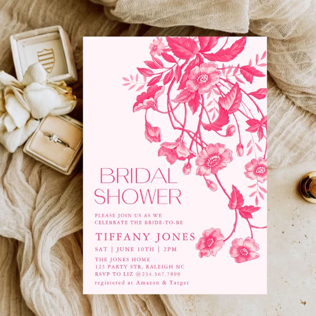 Convites Chá de panela Floral Rosa-Rosa-Toile francês Vinta (Criador carregado)