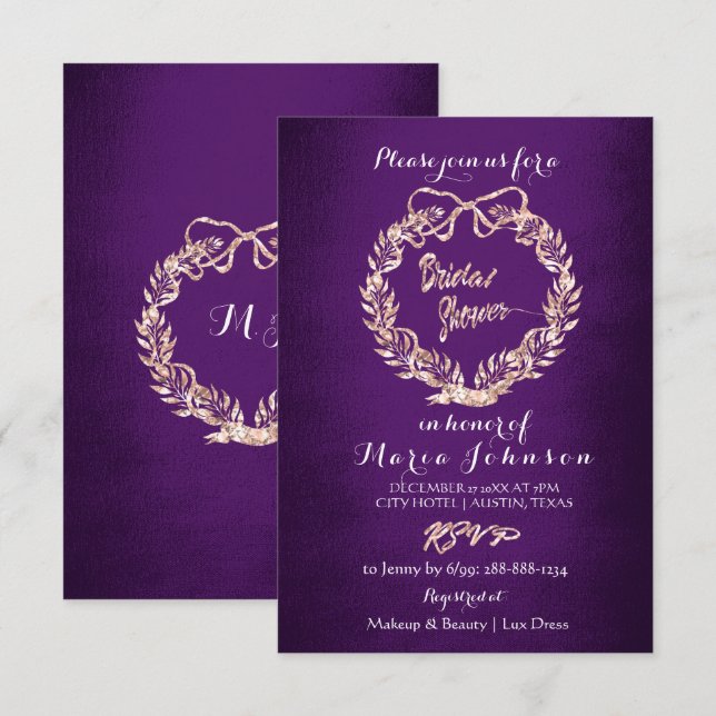 Convites Chá de panela Floral Rosa Roxo Dourado Roxo (Frente/Verso)