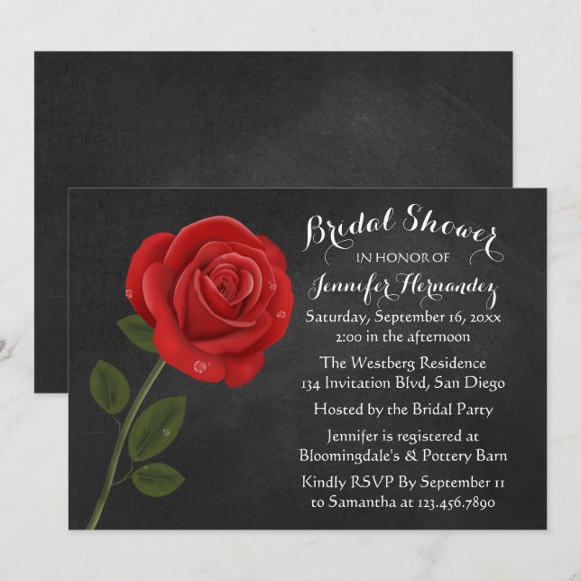 Convites Chá de panela Floral Rosa vermelha Preto (Frente/Verso)