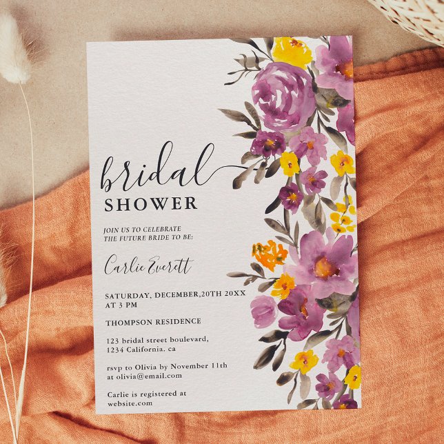 Convites Chá de panela floral roxo de inverno (Fall Winter purple floral bridal shower Invitation)