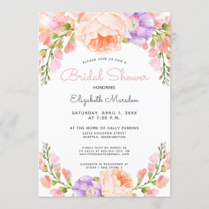 Convites Chá de panela floral roxo do rosa do pêssego do