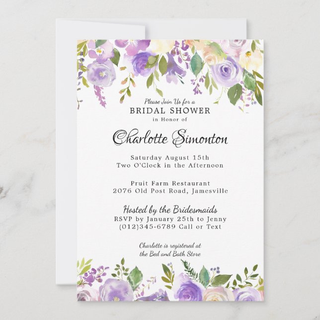 Convites Chá de panela Floral Roxo e Creme (Frente)