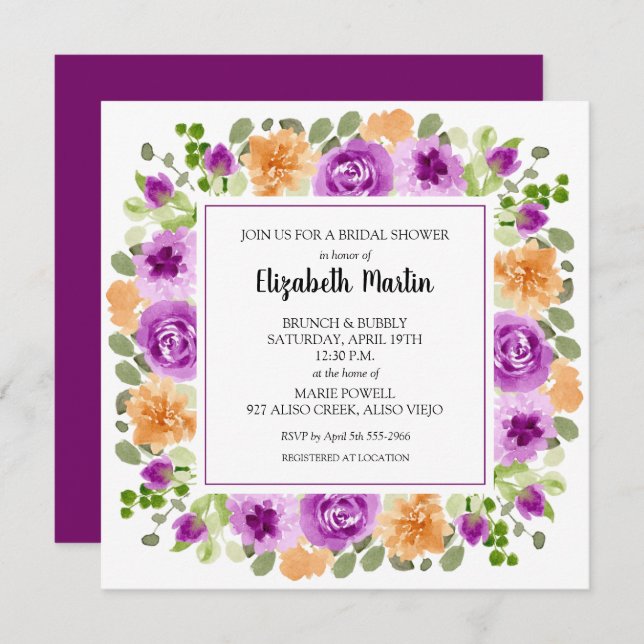 Convites Chá de panela Floral Roxo Elegante (Frente/Verso)