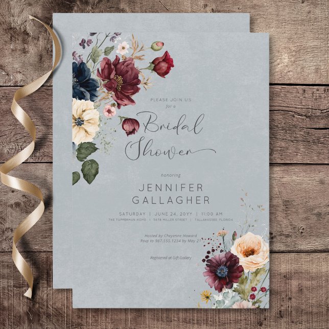 Convites Chá de panela Floral Russo Azul (Blue Burgundy & Cream Rustic Floral Bridal Shower Invitation)