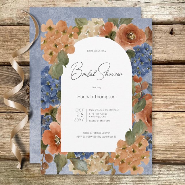Convites Chá de panela Floral Russo Azul e Ferrugem (Rustic Blue & Rust Floral Bridal Shower Invitation)