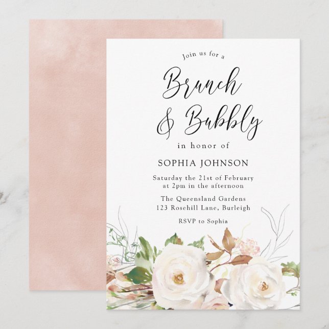 Convites Chá de panela Floral Russo Blush Brunch e Bubble (Frente/Verso)