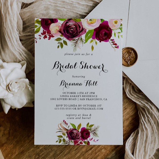 Convites Chá de panela Floral Russo Blush Burgundy (Criador carregado)