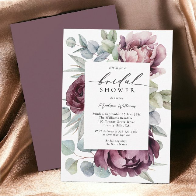 Convites Chá de panela Floral Russo Burgundy Plum (Available as printed and paperless digital download!)