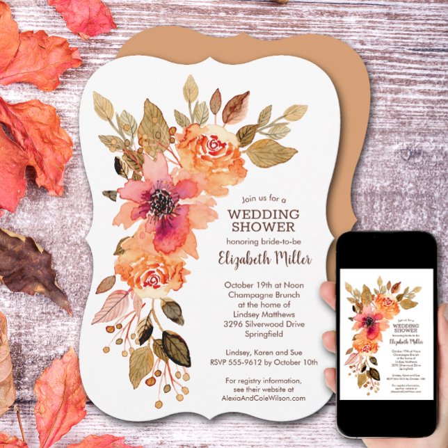 Convites Chá de panela Floral Russo Fall (Rustic Fall Floral Bridal Shower Invitations)