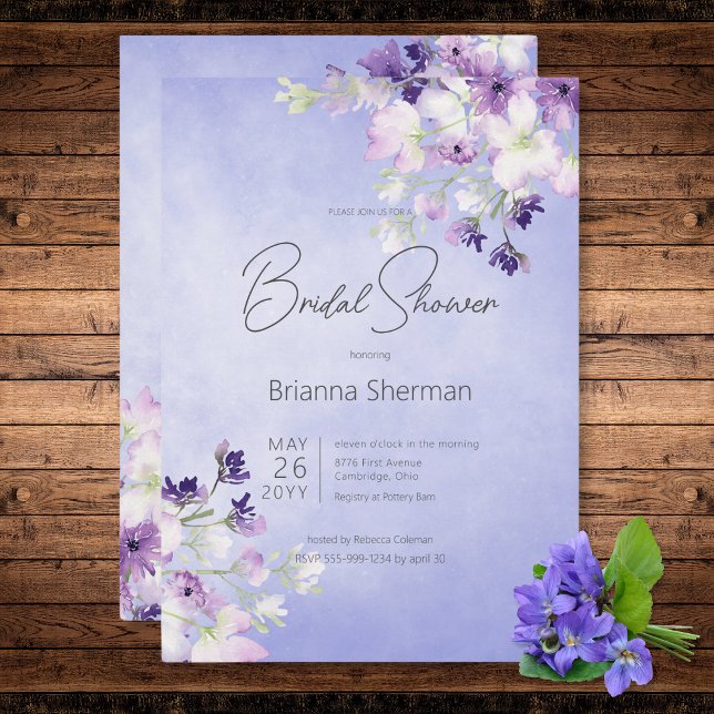 Convites Chá de panela Floral Rústico de Aquarela Puro (Rustic Purple Watercolor Floral Bridal Shower Invitation)