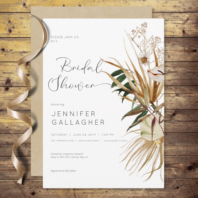 Convites Chá de panela Floral Seco de Branca Moderna (Modern White Boho Dried Floral Bridal Shower Invitation)