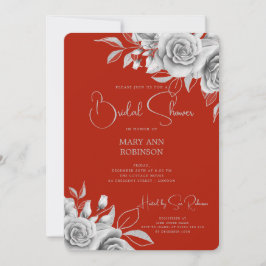 Convites Chá de panela Floral Silver Script Elegante Vermel