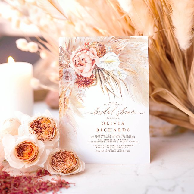 Convites Chá de panela Floral Terracotta Pampas Grass (Terracotta Boho Bridal Shower Invitations)