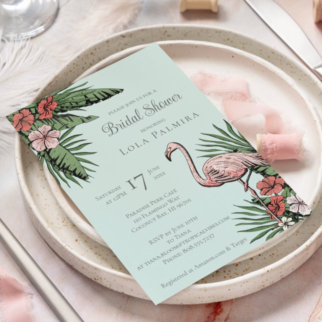 Convites Chá de panela Floral Tropical Flamingo Turquoise (Elegant Tropical Bridal Shower Design. Hand-Drawn Pink Flamingo, Hibiscus Flowers, Tropical Greenery)