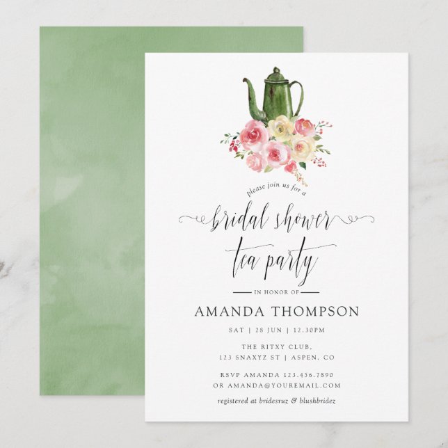 Convites Chá de panela Floral Verde Blush & Sage - Partido  (Frente/Verso)