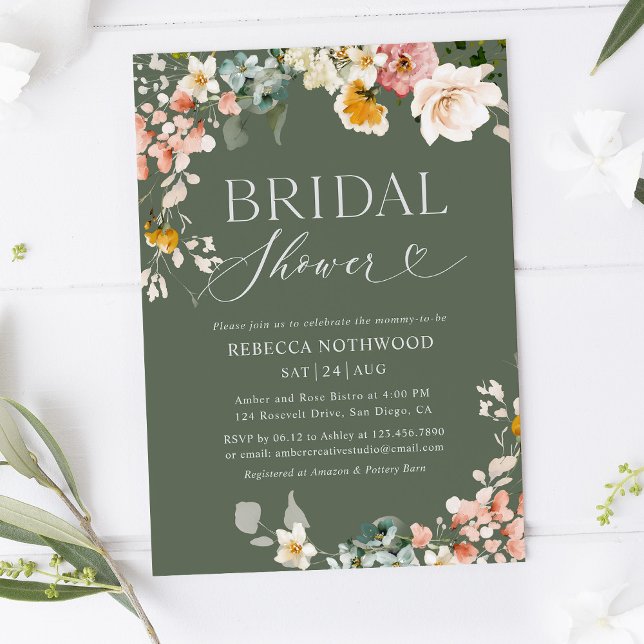 Convites Chá de panela Floral Verde Russo Sage (Criador carregado)