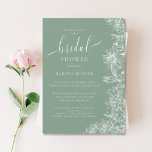 Convites Chá de panela Floral Verde Sage Simples<br><div class="desc">Este convite apresenta flores brancas desenhadas em linha e caligrafia personalizada. A cor verde de sábio suave é o pano de fundo perfeito para este convite.</div>
