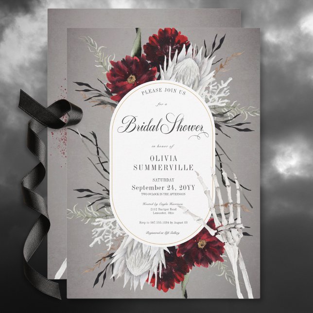 Convites Chá de panela Floral Vermelho Spooky Love & Bones (Love & Bones Spooky Red Floral Bridal Shower Invitation)