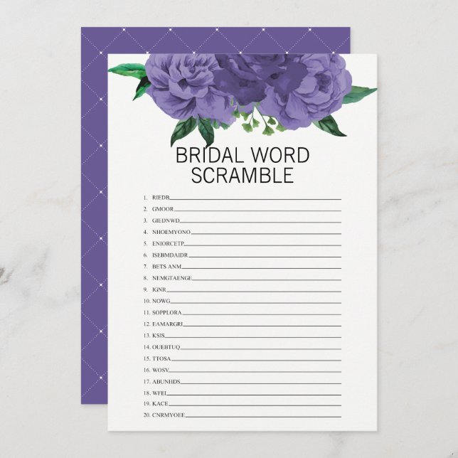 Convites Chá de panela Floral Violet Jogo de Palavra (Frente/Verso)