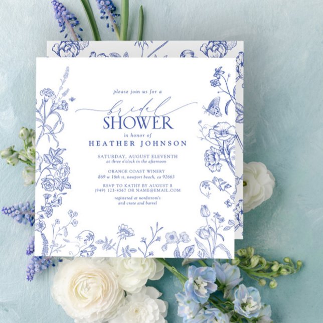 Convites Chá de panela Floral Vitoriano Azul e Branco (Easily personalize this beautiful bridal shower invitation for a gorgeous Regency style shower!)