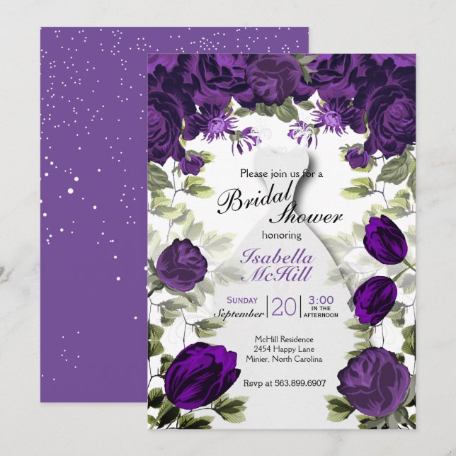 Convites Chá de panela - Flores Botânicas Púrpura De Pluma (Frente/Verso)