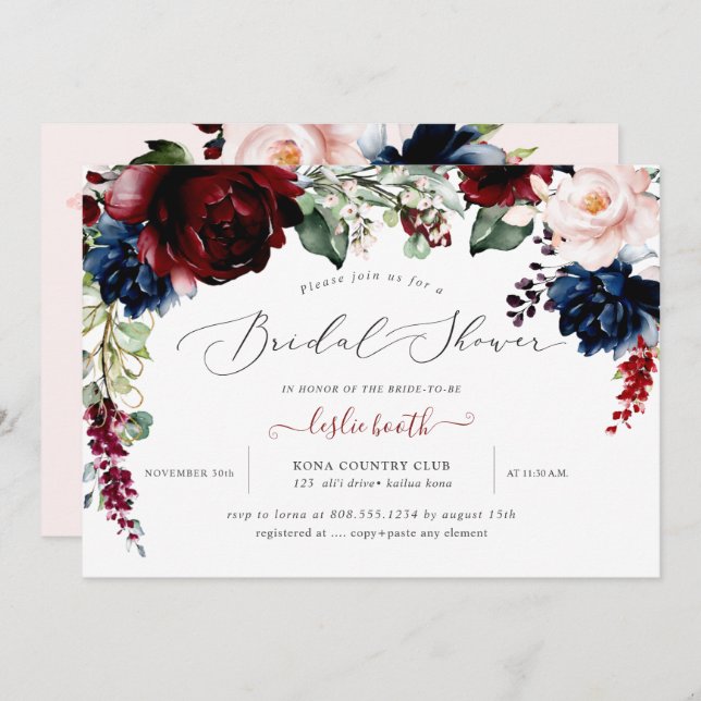 Convites Chá de panela Flores do Marinho Blush Burgundy (Frente/Verso)