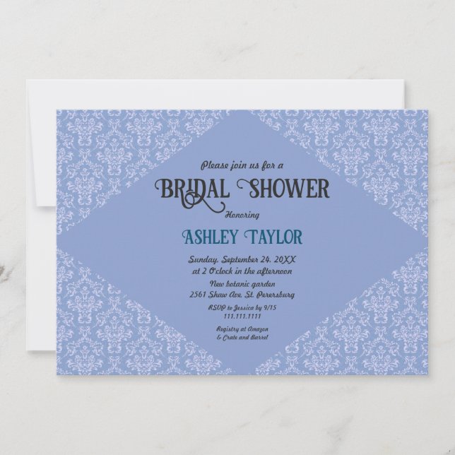 Convites Chá de panela Formal Elegante Blue Damask (Frente)