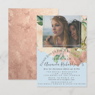 Convites Chá de panela Foto Floral Birthday Azul Peach