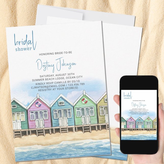 Convites Chá de panela frontal do Oceano de Aquarelas de Pr (Bridal Shower Invitation with colorful pastel beach huts on the beach)