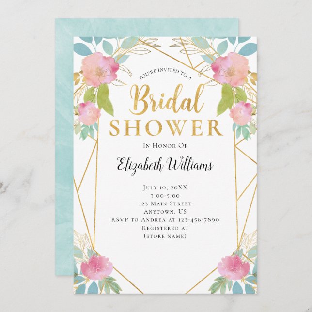 Convites Chá de panela Geométrico das Flores de Teto Rosa (Frente/Verso)