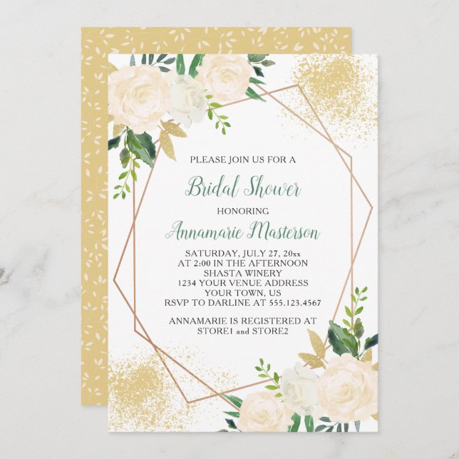 Convites Chá de panela Geométrico de Cream White Roses Gree (Frente/Verso)