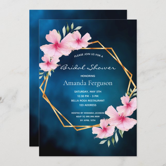 Convites Chá de panela geométrico de flores rosa-azuis (Frente/Verso)