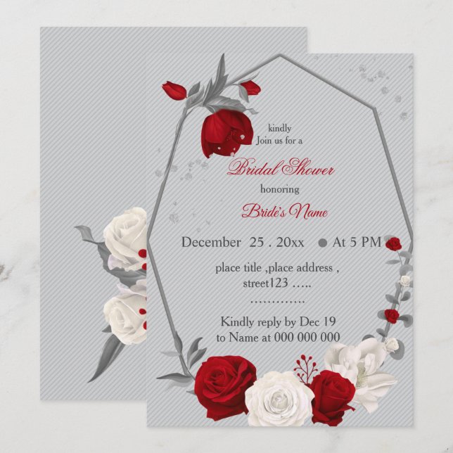 Convites chá de panela geométrico de flores vermelhas e bra (Frente/Verso)