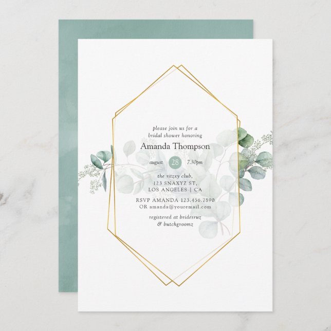 Convites Chá de panela Geométrico Eucalyptus (Frente/Verso)