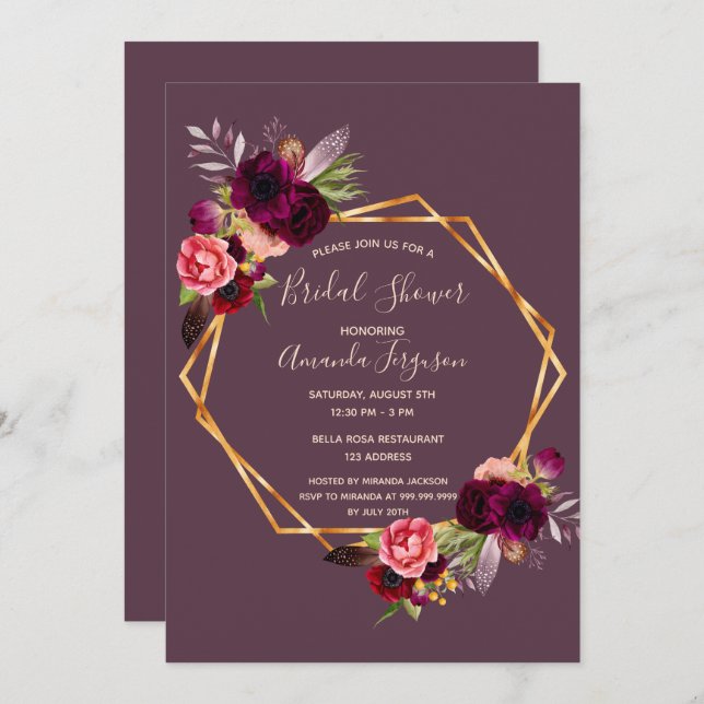 Convites Chá de panela geométrico floral de Burgundy (Frente/Verso)