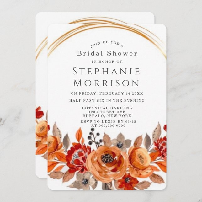 Convites Chá de panela Geométrico Floral Laranja Vermelho E (Frente/Verso)