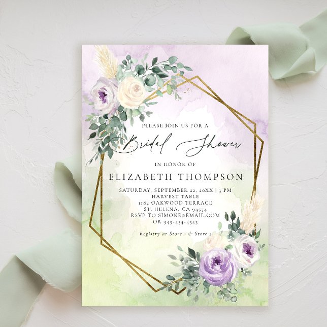 Convites Chá de panela Geométrico Lavanda Russo Boho (purple lavender lilac bridal shower brunch invitation watercolor rustic elegant boho chic geometric)