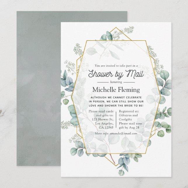 Convites Chá de panela Geométrico Virtual Eucalyptus por Co (Frente/Verso)