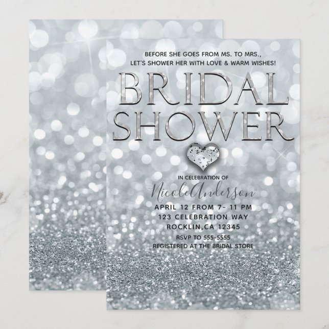 Convites Chá de panela Glam Bokeh Glitter White Silver (Frente/Verso)