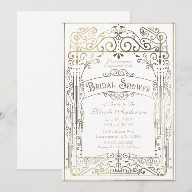 Convites Chá de panela Glam Vitoriano branco e Dourado (Frente/Verso)