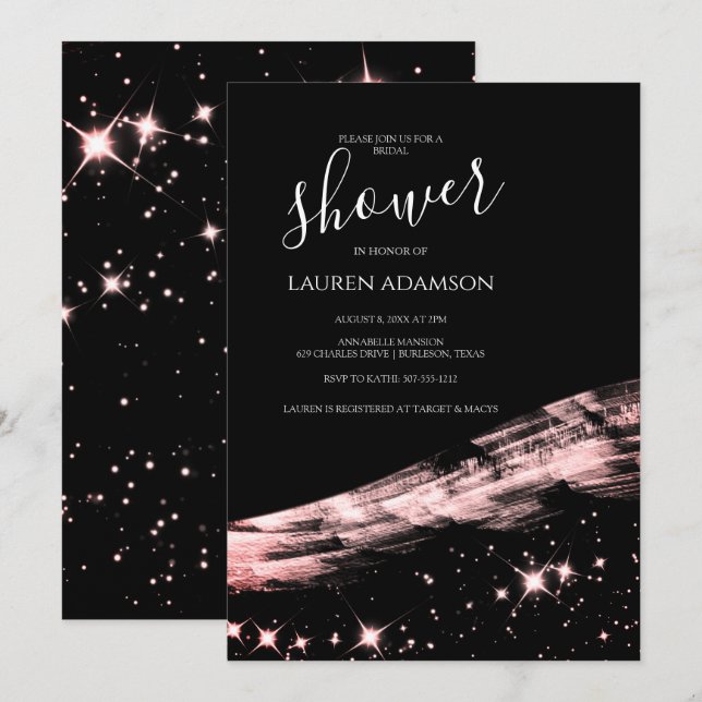 Convites Chá de panela Glamourous Dourado de Rosa Glitter (Frente/Verso)